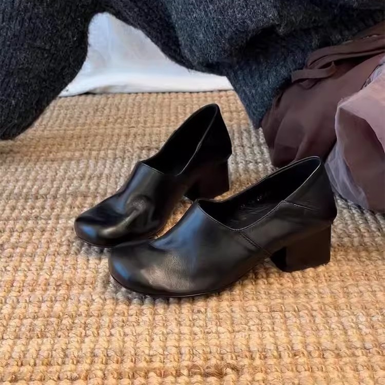 牛皮版极简老钱风时尚感通勤乐福鞋女圆头一脚蹬懒人粗跟小皮鞋