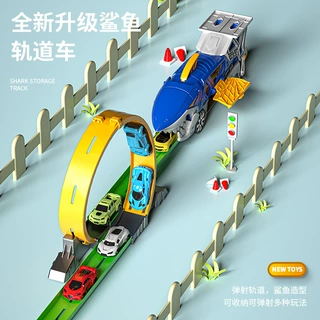 P932-A鹏乐宝儿童玩具鲨鱼弹射轨道车套装小车停车场模型一件代发