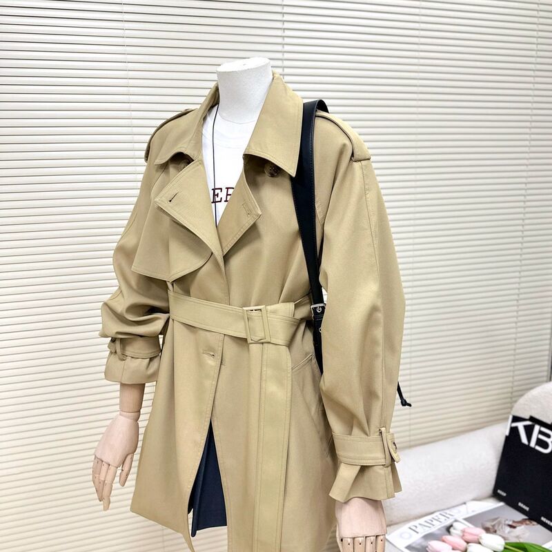 Khaki Short Trench Coat for Petite Women, Spring 2026, Trendy British Style Short Jacket