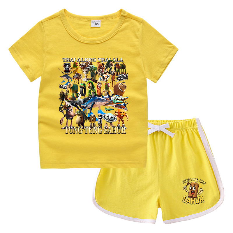 夏男の子服娘ラウンドネック Tシャツホットパンツ韓国風カジュアル半袖ボトムシャツスポーツ学生ショーツスーツ|undefined
