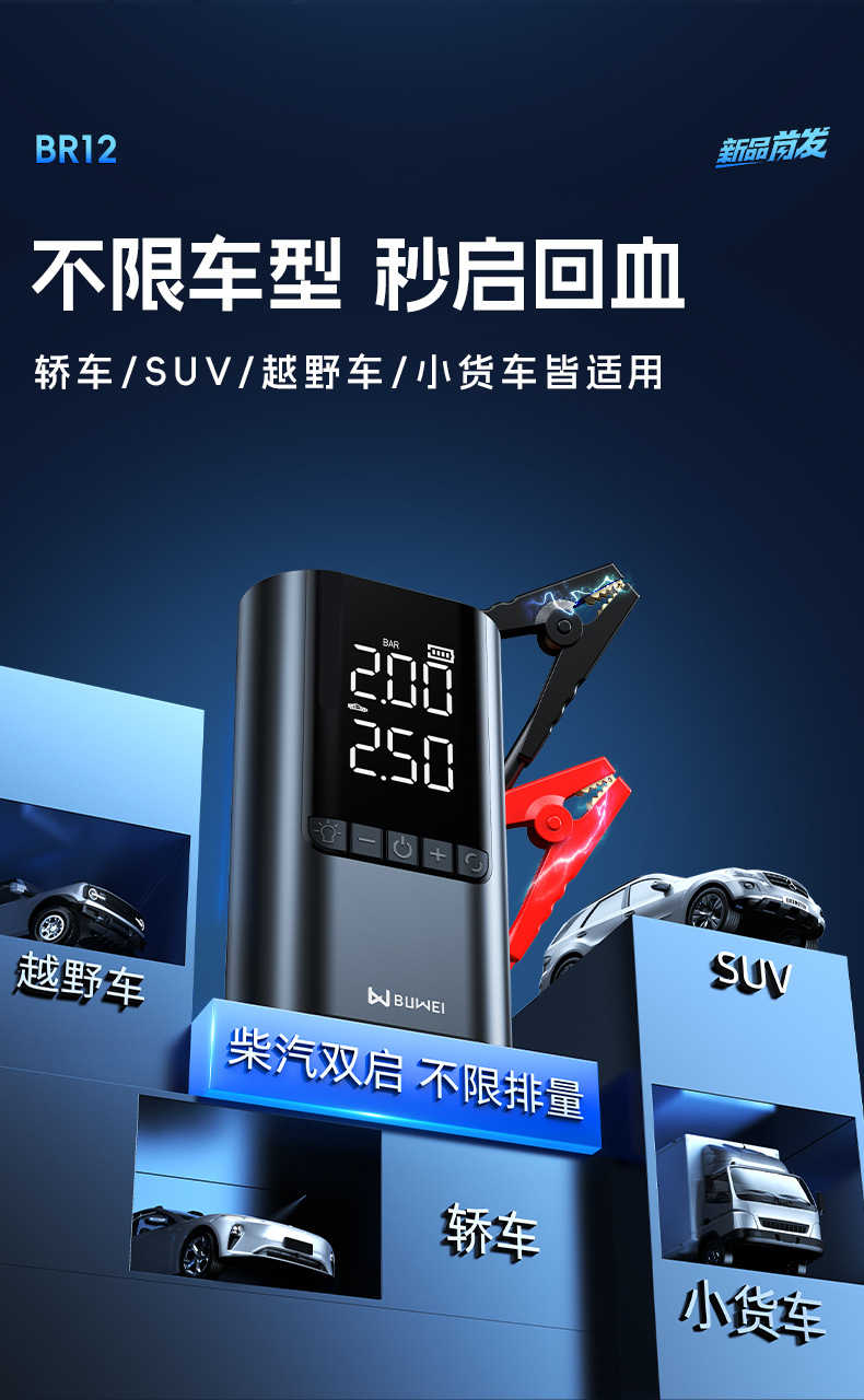 【Br12】Buwai Dual-Screen Car Emergency Jump Starter with Air Pump, Multi-Function Portable Battery