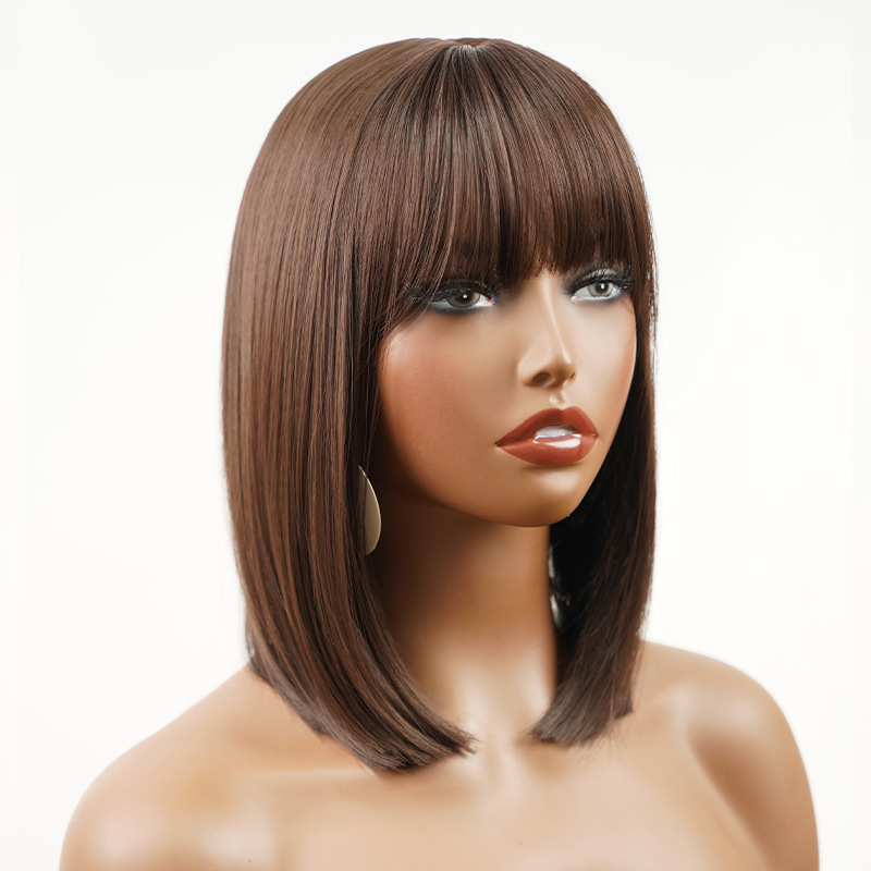 Wholesale European and American cross-border chemical fiber wigs high temperature silk bangs mechanism middle parting chestnut brown bob wigs_voghion.com