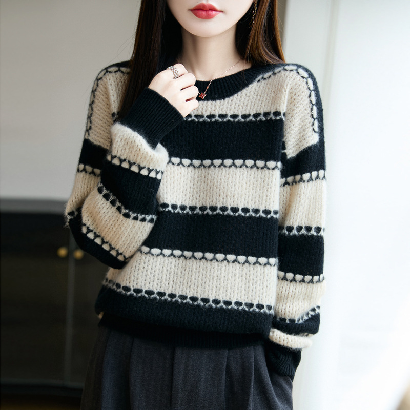 条纹100纯羊毛毛衣女2026新宽松外穿慵懒风加厚针织打底内搭上衣