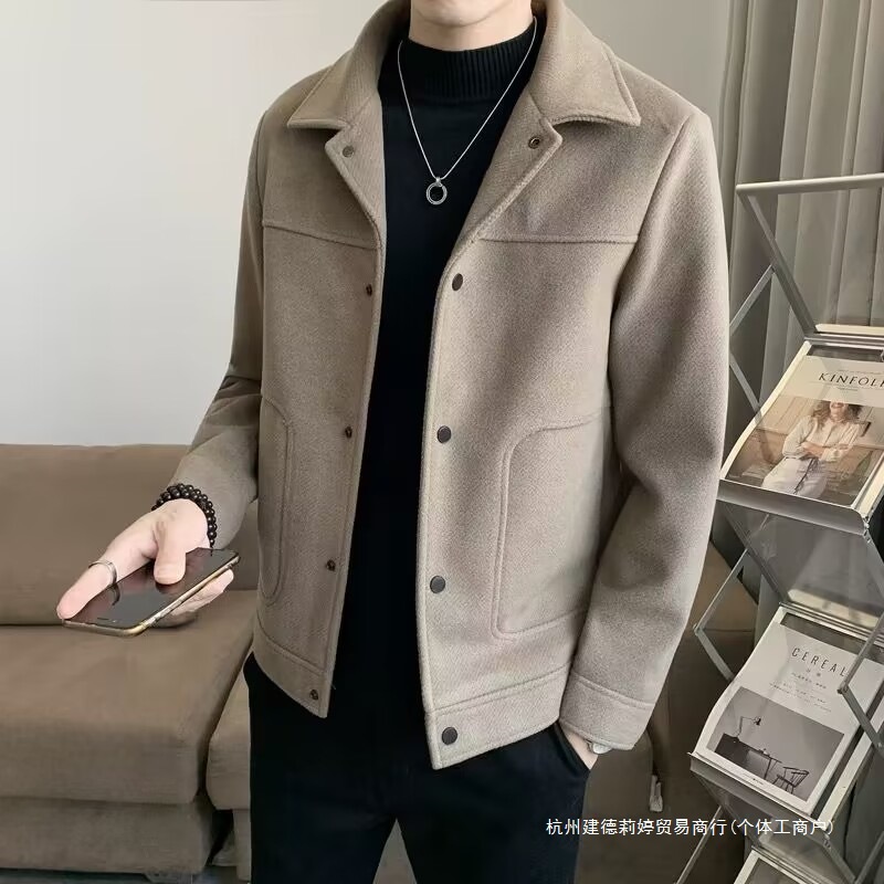 Demi-season trend jacket, casual short men's woolen coat, Korean style, slim fit, high-end, increased thickness