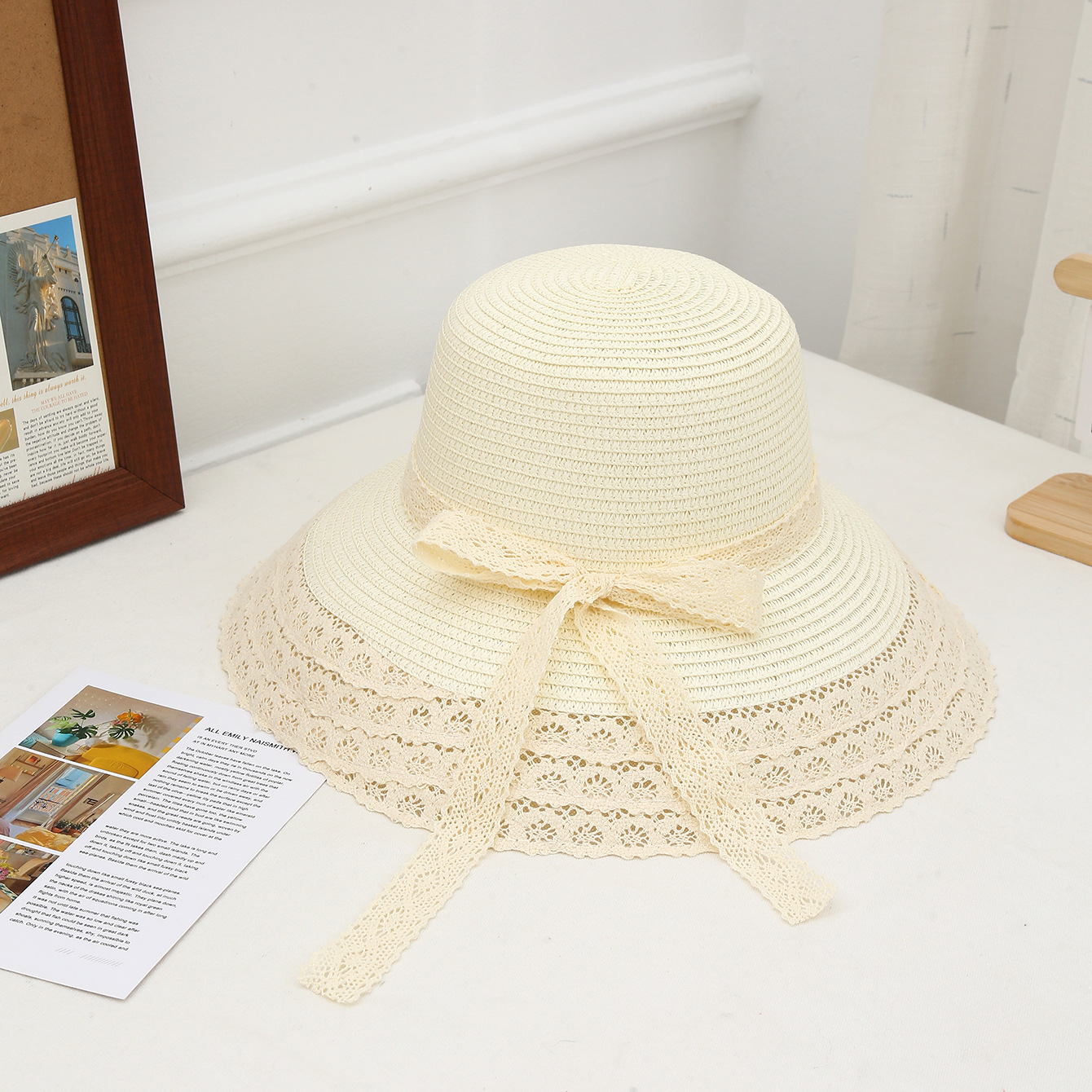 Sombrero de paja con lazo – estilo veraniego, ala ancha, para playa o vacaciones al aire libre