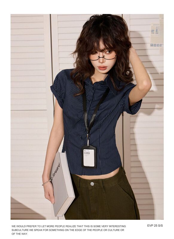 美式辣妹藏蓝色条纹正肩衬衫女夏设计感修身收腰紧身短款上衣衬衣|undefined
