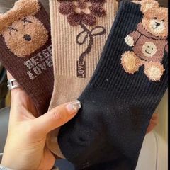 Women's Fall/Winter Socks, Black, Versatile Korean Style Long Socks, Pure Cotton Feathery Fabric, Plush Bear Socks, Instagram Trendy