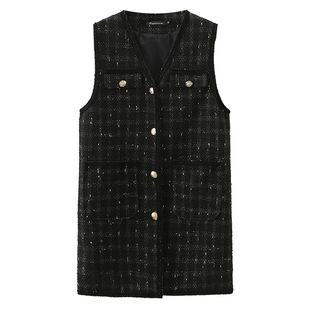 Chanel style vest 2023 autumn clothing chubby girl age-reducing slimming mid-length V-neck bright silk plaid waistcoat 2329