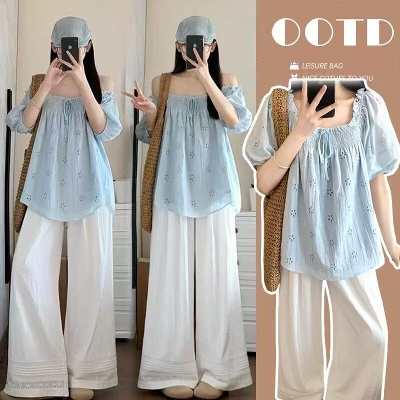 Maternity Summer Outfit 2026 Embroidered Top with Pig Nose Buttons, Lace Trim Wide-Leg Pants Two-Piece Maternity Summer Set