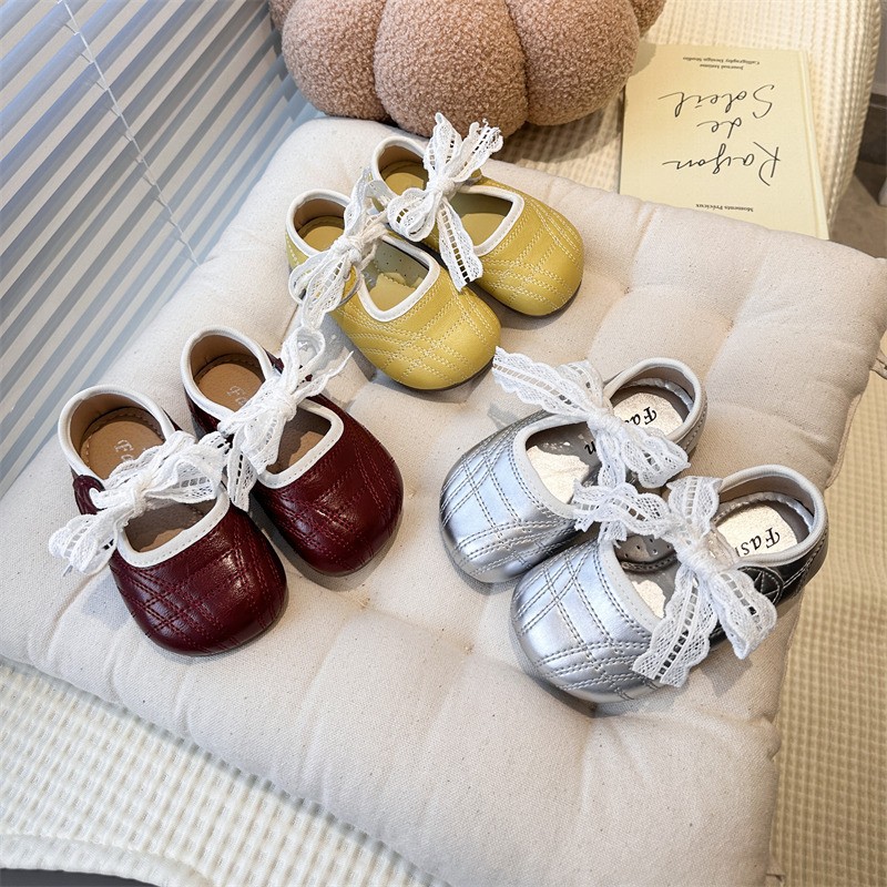 2025 Autumn Girls' Leather Shoes Little Girls Sweet Bow Princess Shoes Korean Style Western Style Easiest for Match Girls' Ballet Shoes