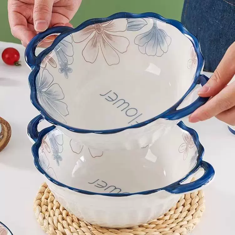 高颜值网红爆款大汤碗双耳汤碗浮花边家用家庭釉下彩拉面碗不烫手
