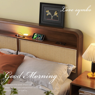 Nordic solid wood vine editor bed retro bed 侘 北 1.8 double bed modern minimalist medium -old wind bed main bedroom homestay
