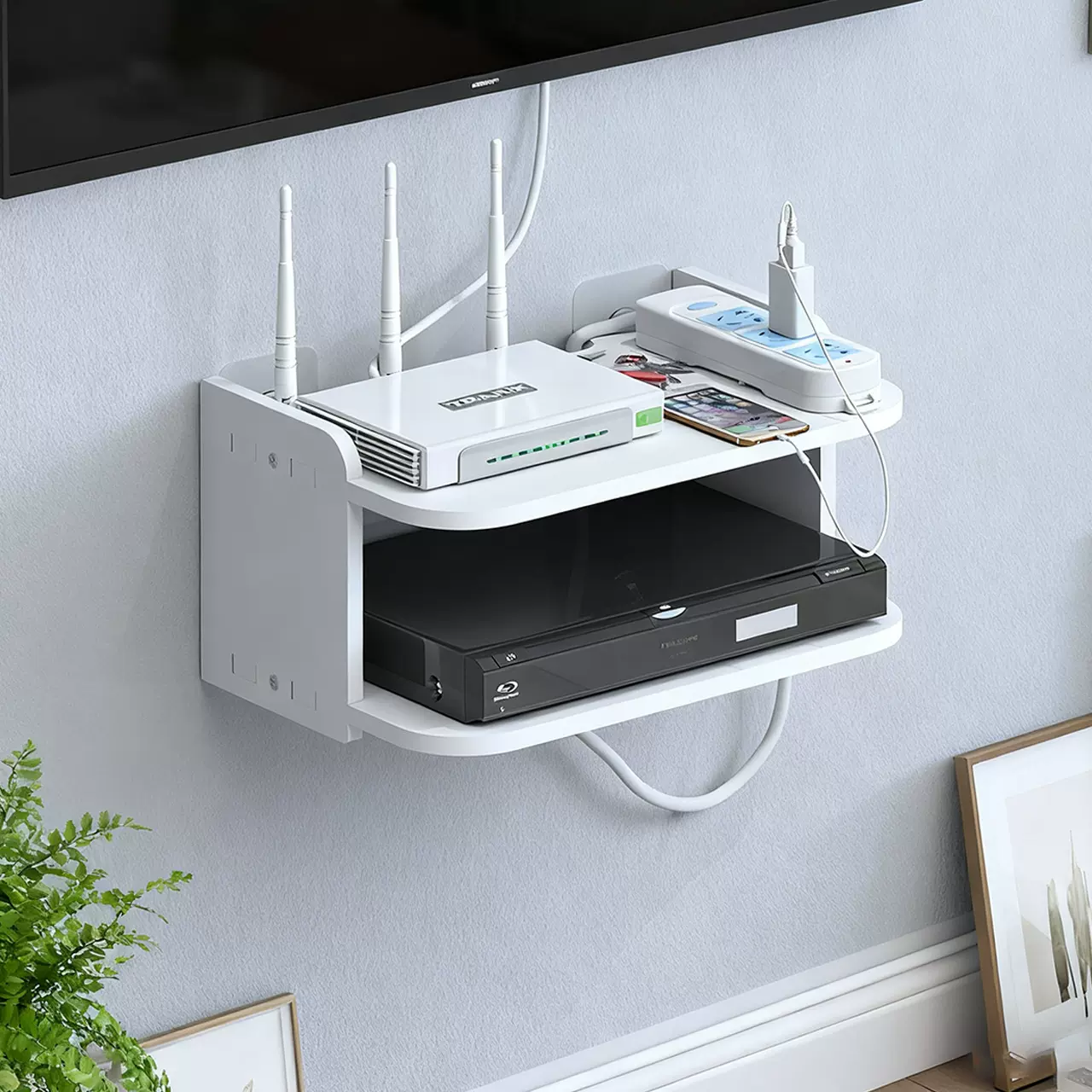 免打孔机顶盒架置物架客厅卧室电视墙上wifi路由器收纳盒壁挂整理