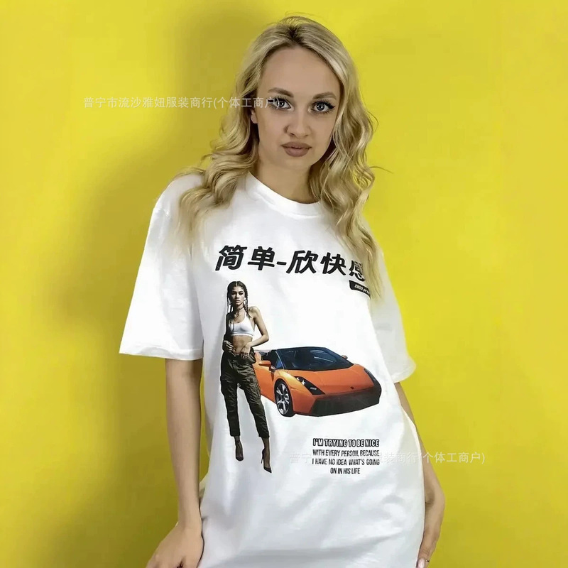 100% pure cotton short-sleeve t-shirt, American style, unique vintage print, 2026 summer casual loose trendy top 100% pure cotton short-sleeve t-shirt, American style, unique vintage print, 2026 summer casual loose trendy top
