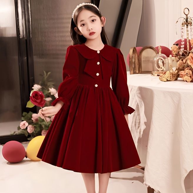 女童礼服秋冬儿童红色公主裙花童婚礼小女孩钢琴演出服蓬蓬裙