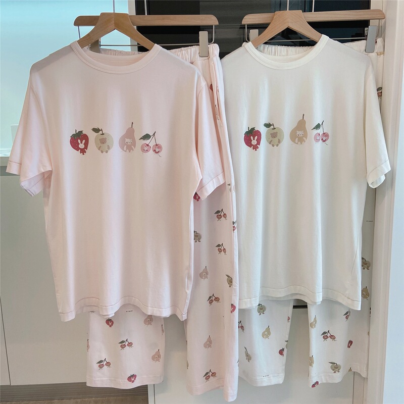 Japanese-Style Spring and Summer Modal Cool Fruit-Pattern Soft Round-Neck Pullover Short-Sleeve Long Pants Pajamas Loungewear Women's Set