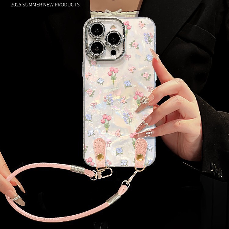 Tulip Lanyard Suitable for Apple 16 Phone Case 13 Pro Max Fresh Style 15 High-End Feel 14 Stand 12 Full Coverage