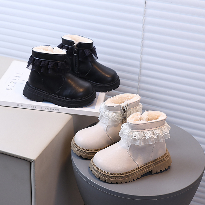 Children's Fashion Boots 2025 Korean Style Autumn and Winter New Soft-Soled Girls' Boots Little Girl's Lace Edge Princess Leather Boots
