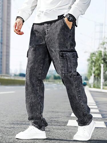 European and American style workwear autumn and winter jeans for men, loose stack feeling, multi-pocket casual long pants, trendy and fashionable street style