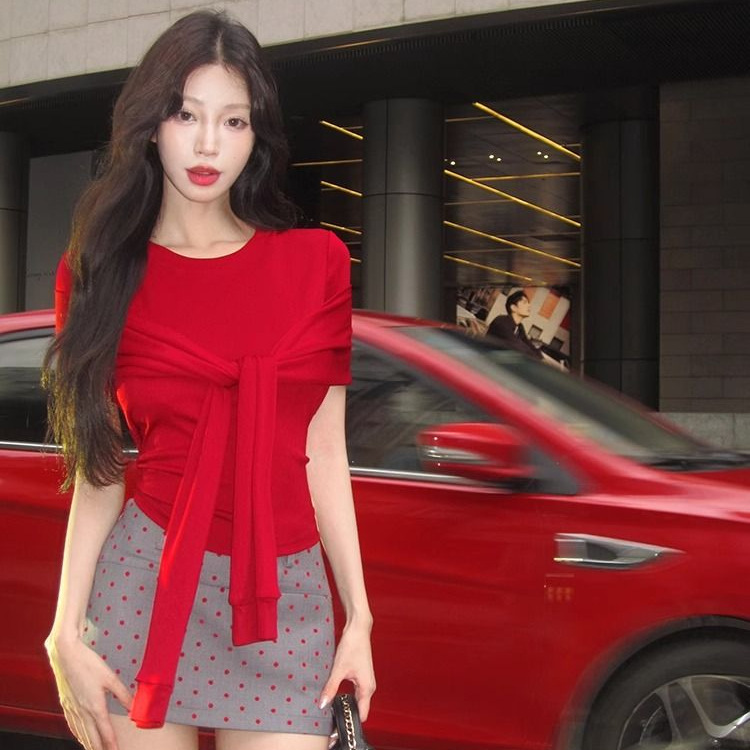 Fake Two-Piece Red Right Shoulder Short-Sleeved Round Neck T-Shirt Women's Summer Design Slim Knitted Strap Niche Top