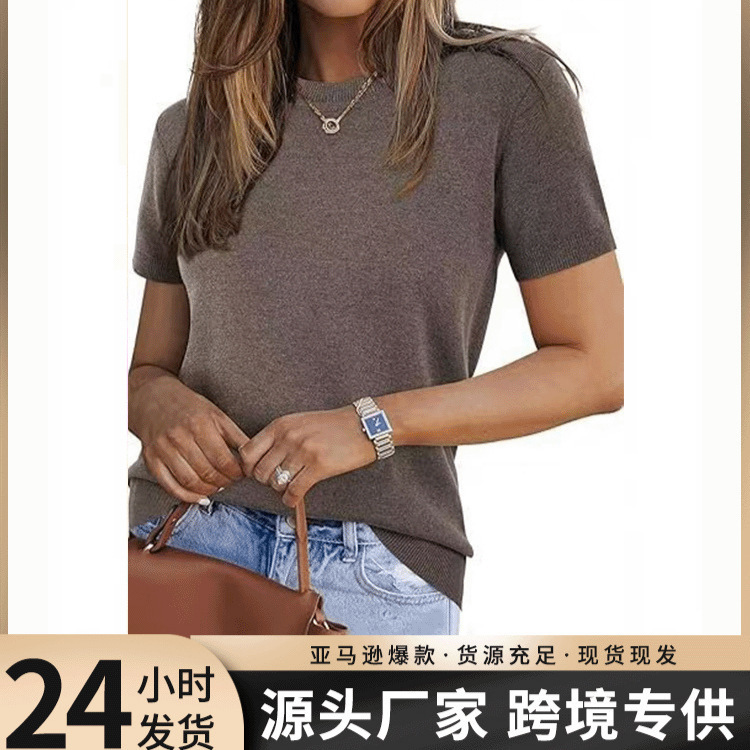 European and American Cross-Border Spring and Summer New Amazon Temu Women's Round-Neck Solid Color Wool Blend Loose Casual Sweater