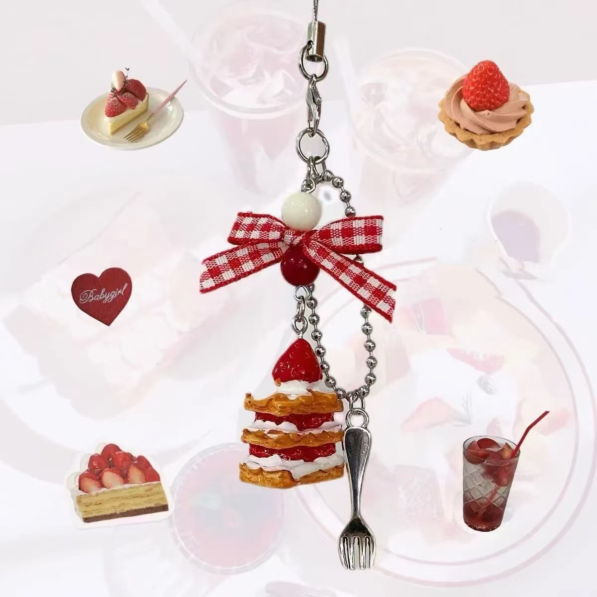 French Dessert Strawberry Napoleon Cake Handmade Bow Retro Girl Heart Pendant Mobile Phone Chain Bag Pendant