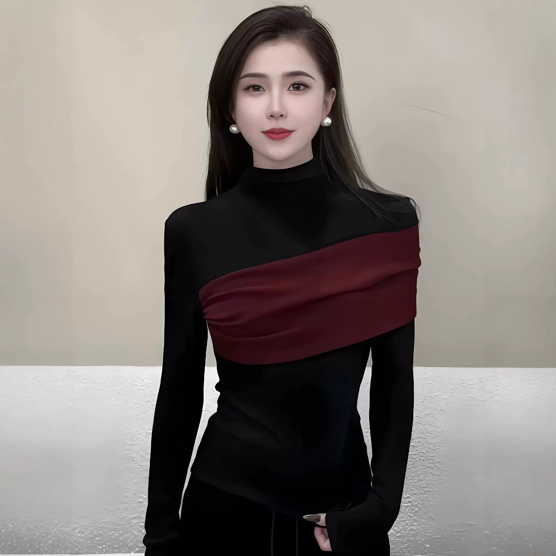 设计感时尚长袖T恤女秋季新款别致撞色半高领上衣好看修身打底衫