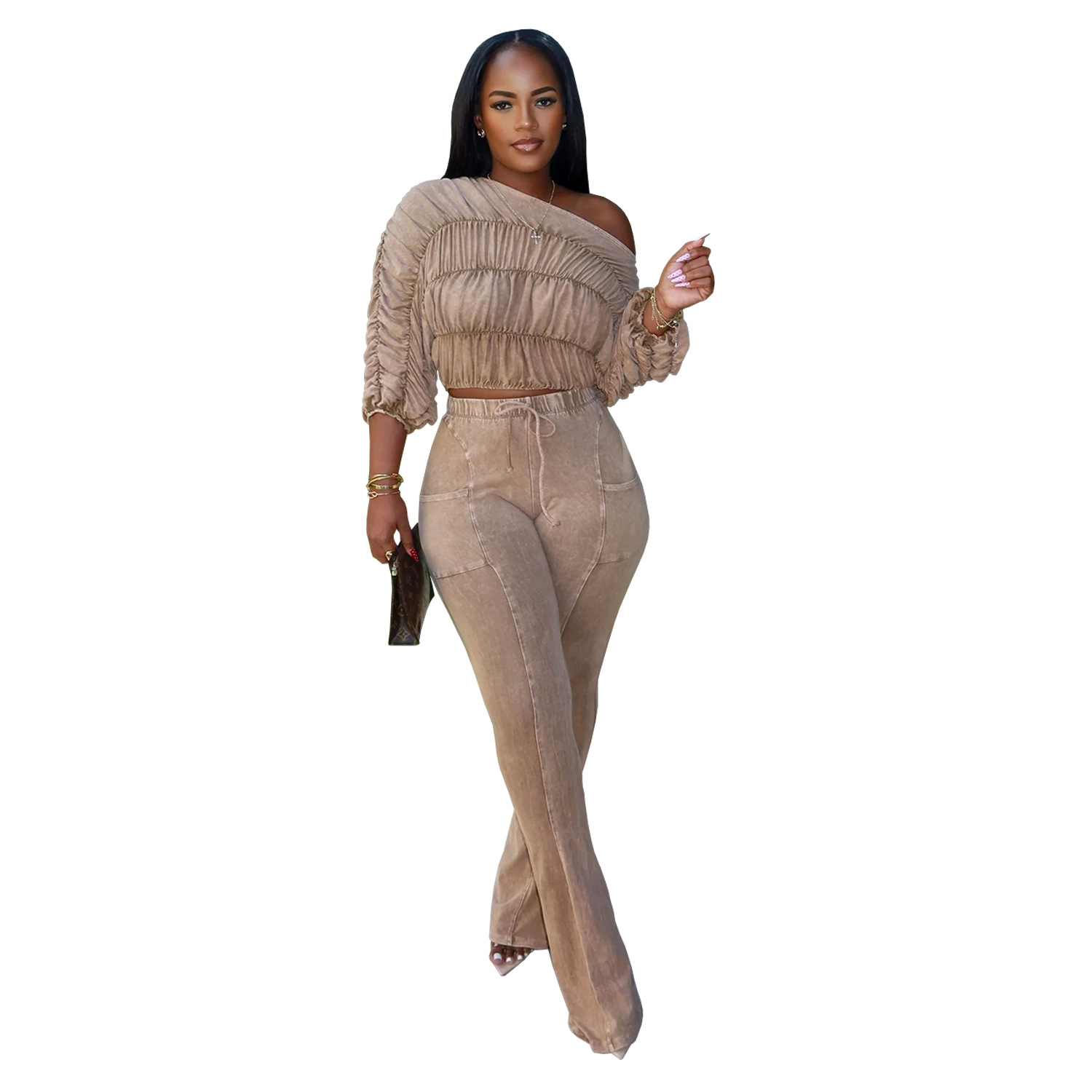 C7568 Aliexpress transfronterizo Amazon ropa de moda europea y americana para mujeres hace viejos hombros inclinados plegados mini-pantalones casuales conjunto