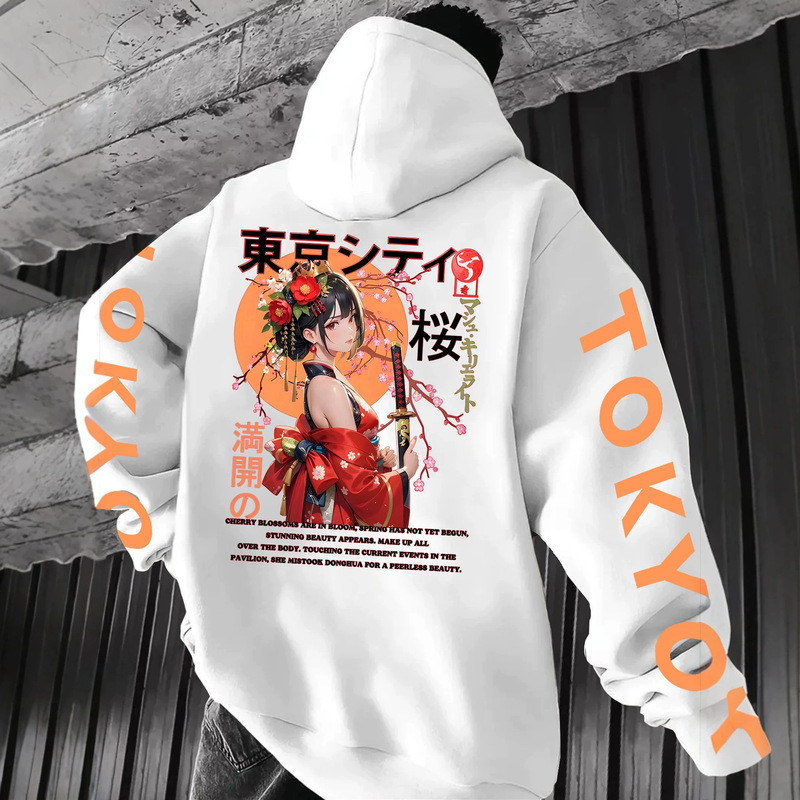 Japanese-style kimono warrior hoodie for men, featuring cherry blossom and Japanese lettering on the sleeves, with a TOKYO letter print, and a fleece-lined design for autumn and winter