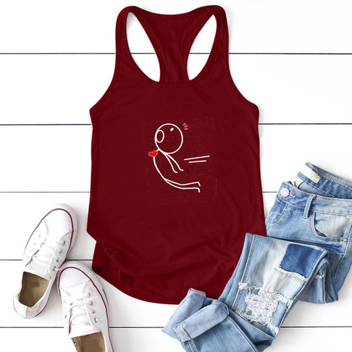 Valentine's Day women's summer cotton wide waist V-neck top with simple line drawing character heart loose sleeveless base top