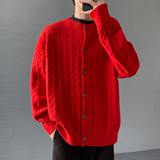 2026秋季青少年韩系风黄色长袖针织开衫宽松圆领透气罗纹底摆，男装针织衫/毛衣，星座614