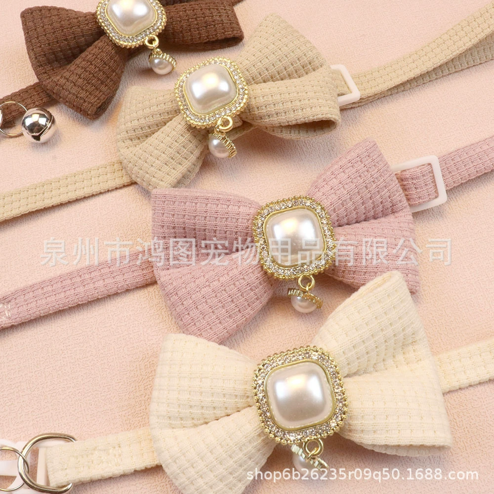 2025 новый вафльный ошейник для кошек ретро жемчужный кулон для домашних животных воротник милый бант колокольчик