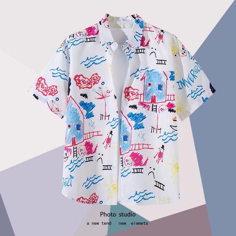 Summer Beach floral hombres y mujeres camisa delgada ins moda hawaiana transfronteriza suelta tie-dyed manga corta pareja camisa