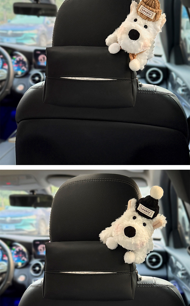 Car-Mounted Tissue Box, Car Hanging Tissue Bag, West Highland Headrest Tissue Box, Front and Rear Seat Decoration, Cute Cartoon for Women