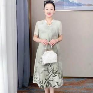 Middle-Aged and Elderly Mothers Summer Dress 2024 New Chinese Style Foreign Style National Style Fashionable Chiffon Skirt