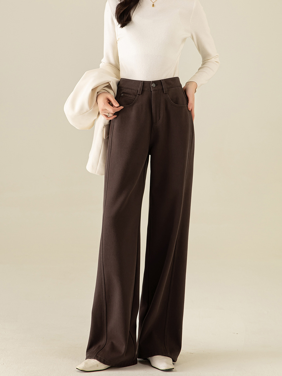 Quần ống rộng cotton linen lót lông mùa đông dáng suông ống thẳng — Màu cà phê