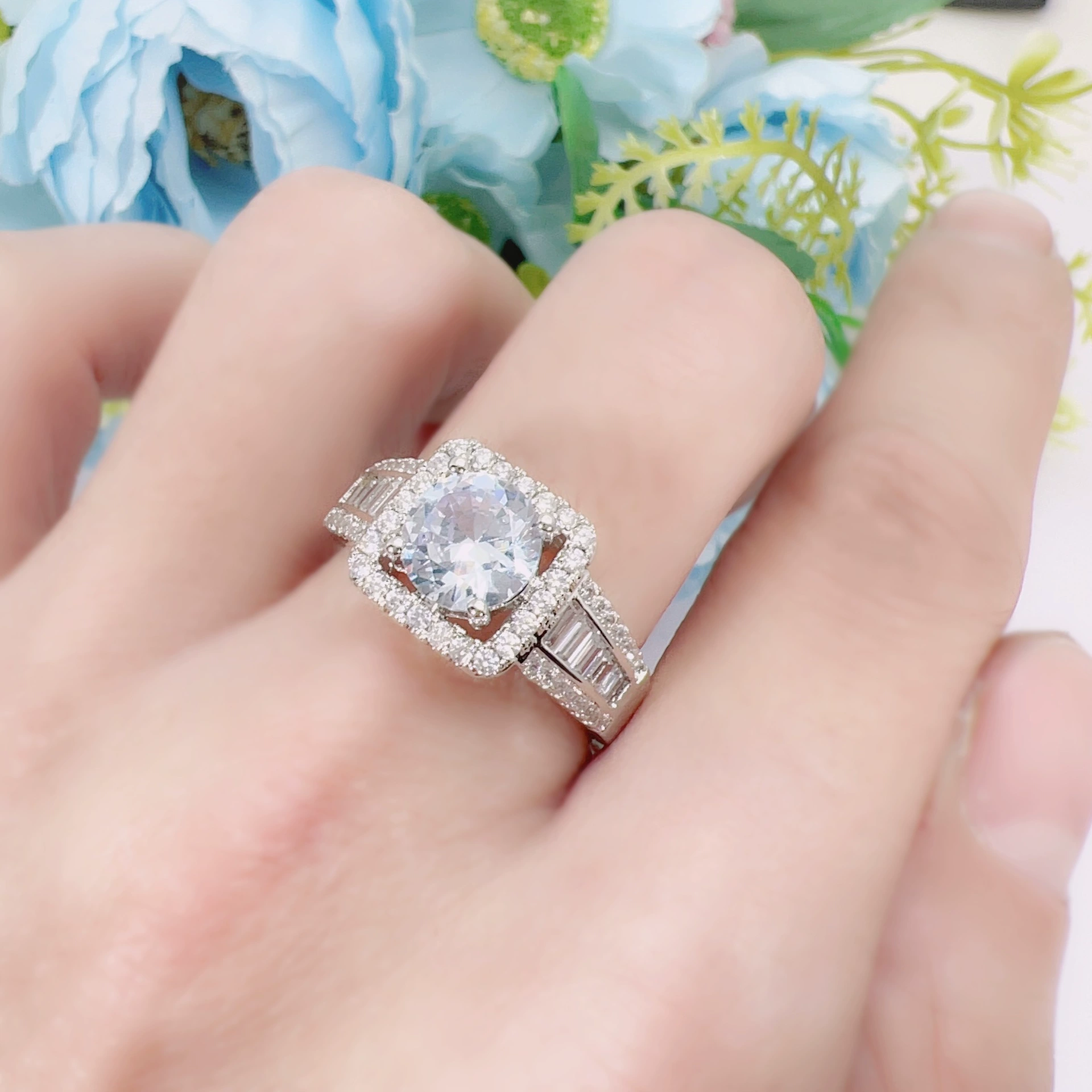 Wedding ring, zirconium, square ring with stone, diamond encrusted