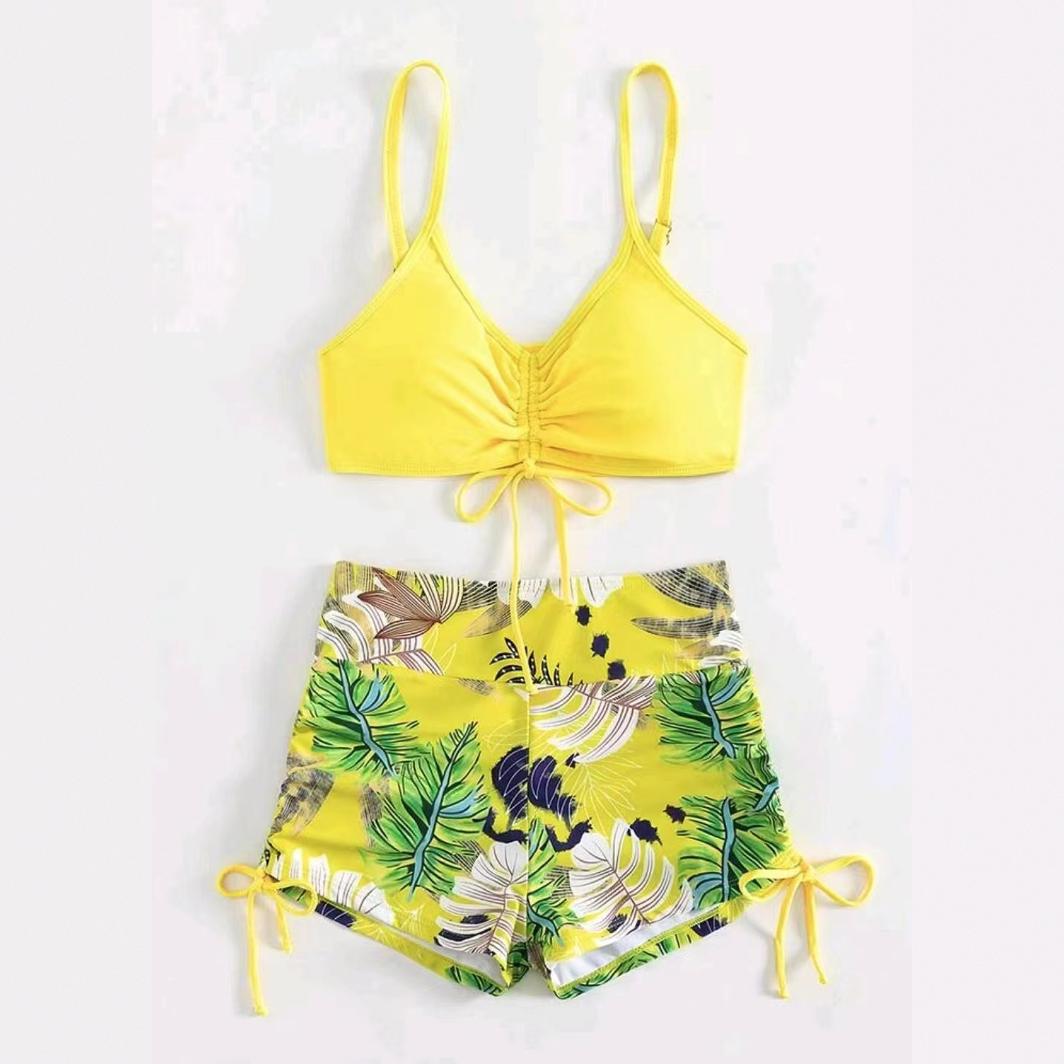 Foreign trade split bikini sexy solid color high waist leaf printing ladies Amazon swimsuit manufacturers selling swimsuits