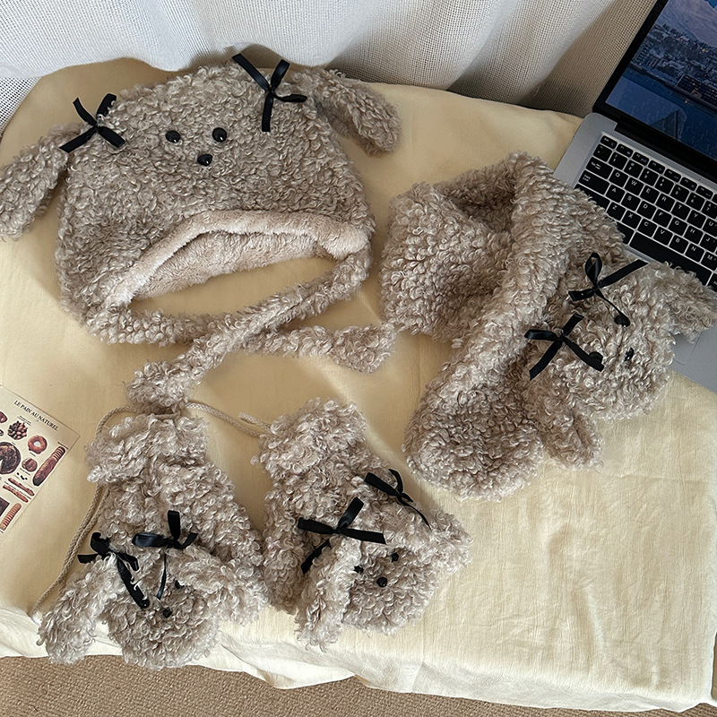Lazy Holiday~Shop/Teddy Hairy Cartoon Cute Gloves Hat Scarf 3-Piece Set for Autumn and Winter Warmth_voghion.com