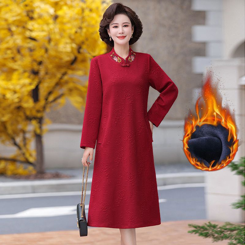 妈妈旗袍2025秋冬新款加绒中长裙子红色气质连衣裙女婆婆婚宴礼服