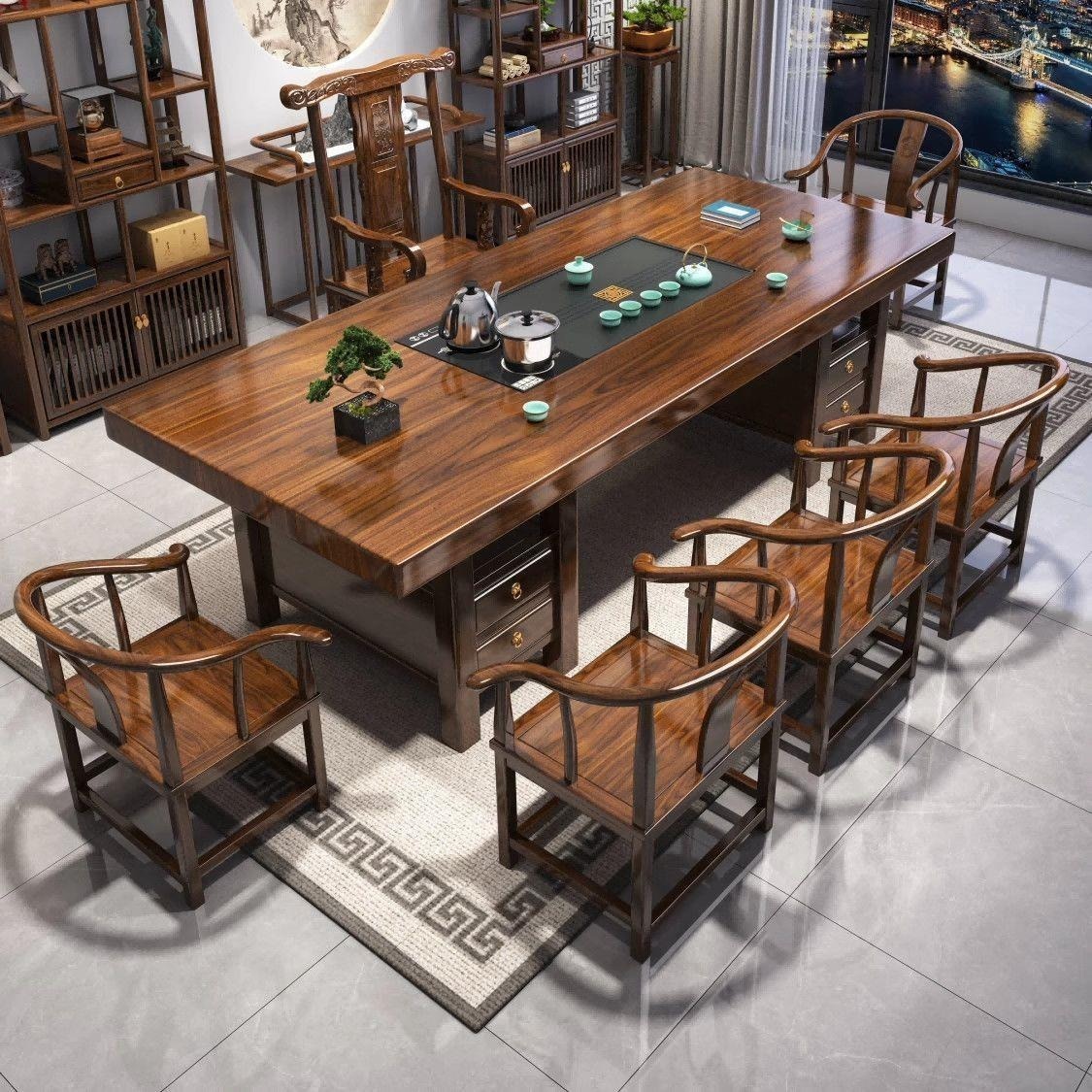 Mesa de té de madera maciza combinación de una mesa de té de cinco sillas mesa de té mesa de té hervidor de agua integral nuevo estilo chino image 1