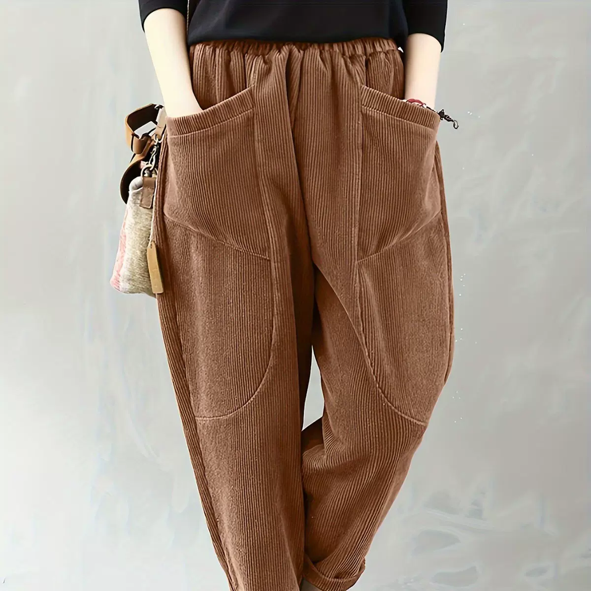 跨境2025TEMU秋冬松紧腰大码时尚灯芯绒宽松外穿裤子女