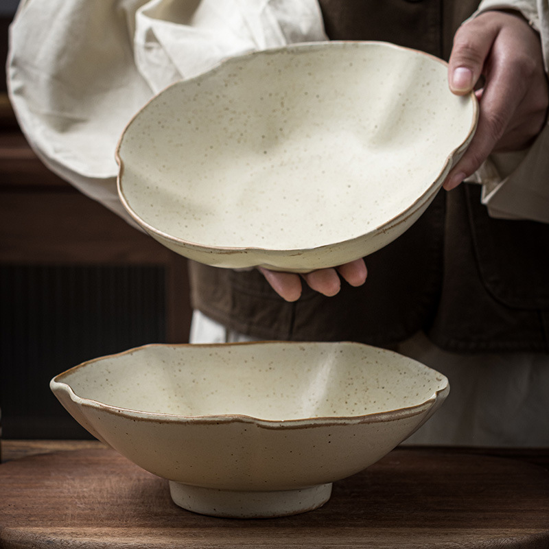 Cuenco hecho a mano de cerámica rugosa con forma de flor, cuenco de cerámica mate, cuenco para verduras, cuenco para ensalada, vajilla para el hogar, cuenco retro de cerámica rugosa mate