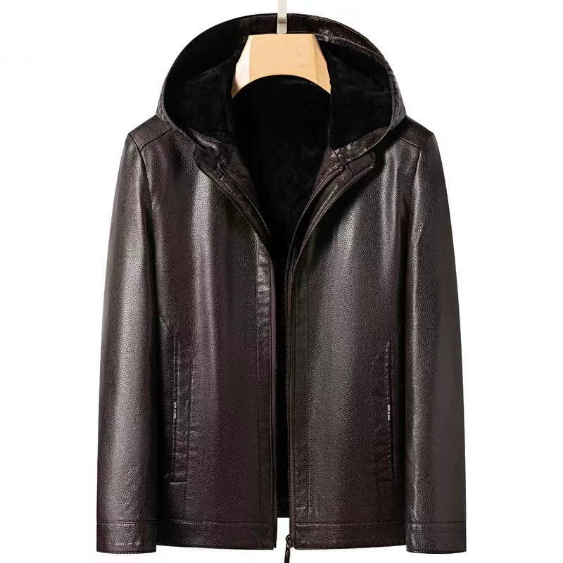 Мужское меховое кожаное пальто для мужчин среднего и пожилого возраста, повседневное зимнее теплое пальто с капюшоном на флисовой подкладке, большие размеры