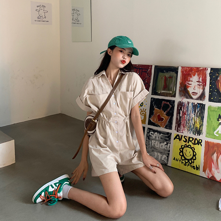 2024 New Summer small jumpsuit Internet celebrity loose drawstring short sleeve shirt overalls jumpsuit pants women's clothing