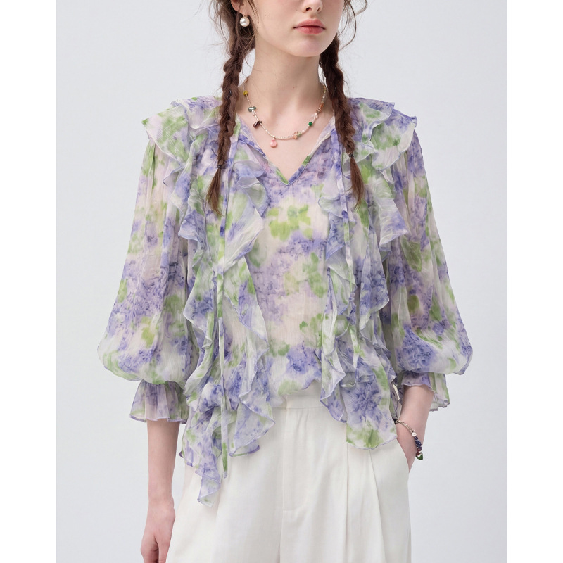 Áo sơ mi nữ chiffon in hoa tay dài viền lá sen — Yên Hà Tử chi tiết 3
