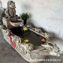 老石器仿古石雕流水摆件组合禅意庭院景区老石槽流水景观摆件