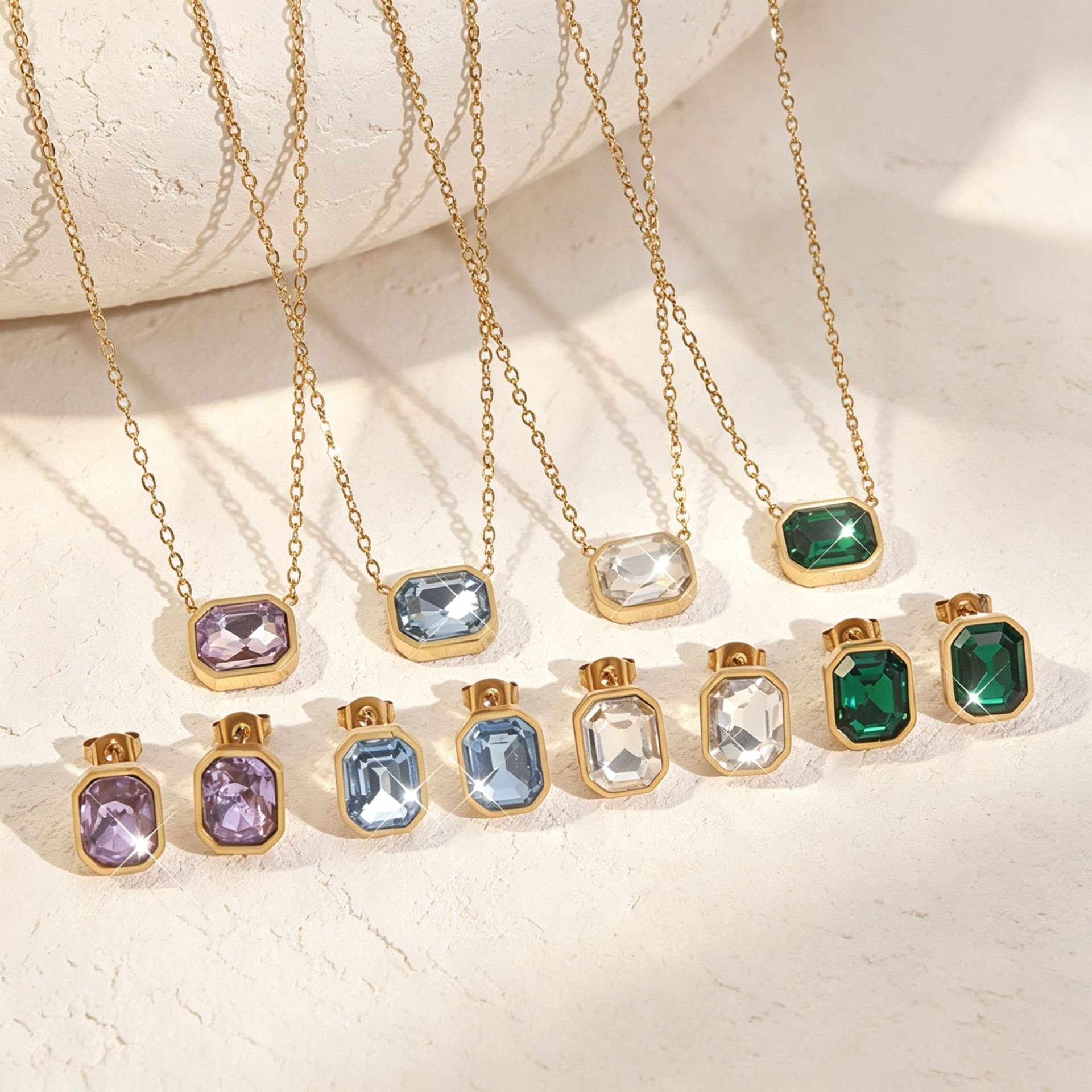 Cross-border best-selling stainless steel jewelry set for women, rectangular zircon necklace and earrings set, light luxury with a high-end feel, versatile