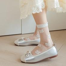 白色中筒袜女夏季甜美花朵超薄透明水晶袜ins韩版文艺风少女长袜