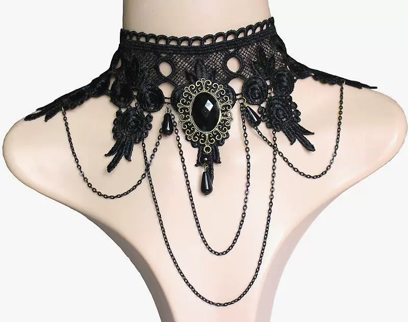 Черное кружевное ожерелье, платье, аксессуар, фальшивый воротник, с gemstone, панк стиль